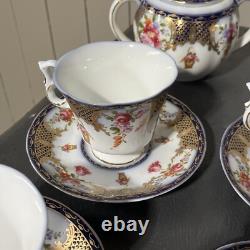 Beautiful 24pc Vintage Style Dark Blue & Gold Trimmed Tea Set Floral & Basket