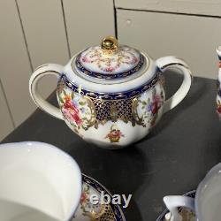 Beautiful 24pc Vintage Style Dark Blue & Gold Trimmed Tea Set Floral & Basket