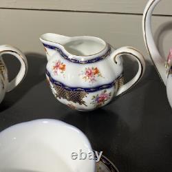 Beautiful 24pc Vintage Style Dark Blue & Gold Trimmed Tea Set Floral & Basket