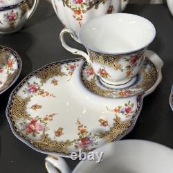 Beautiful 24pc Vintage Style Dark Blue & Gold Trimmed Tea Set Floral & Basket