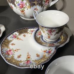 Beautiful 24pc Vintage Style Dark Blue & Gold Trimmed Tea Set Floral & Basket