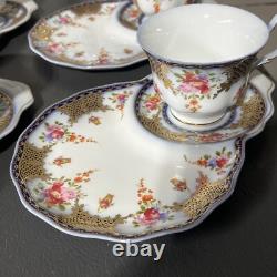 Beautiful 24pc Vintage Style Dark Blue & Gold Trimmed Tea Set Floral & Basket