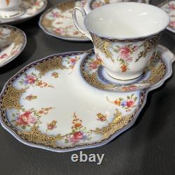 Beautiful 24pc Vintage Style Dark Blue & Gold Trimmed Tea Set Floral & Basket