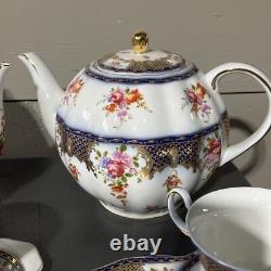 Beautiful 24pc Vintage Style Dark Blue & Gold Trimmed Tea Set Floral & Basket