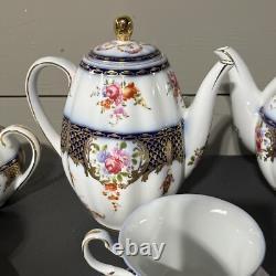 Beautiful 24pc Vintage Style Dark Blue & Gold Trimmed Tea Set Floral & Basket