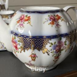 Beautiful 24pc Vintage Style Dark Blue & Gold Trimmed Tea Set Floral & Basket