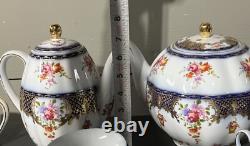 Beautiful 24pc Vintage Style Dark Blue & Gold Trimmed Tea Set Floral & Basket