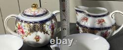 Beautiful 24pc Vintage Style Dark Blue & Gold Trimmed Tea Set Floral & Basket