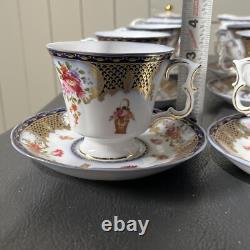 Beautiful 24pc Vintage Style Dark Blue & Gold Trimmed Tea Set Floral & Basket