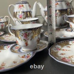 Beautiful 24pc Vintage Style Dark Blue & Gold Trimmed Tea Set Floral & Basket