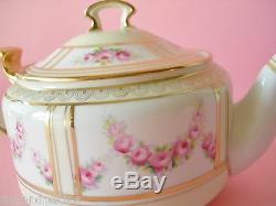 Beautiful Delicate Antique Nippon Tea Set Teapot Creamer & Sugar Pink And White