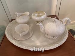 Belleek Echinus Tea Set Black Mark Tray, Teapot, OneCup & Saucer, Sugar & Cream