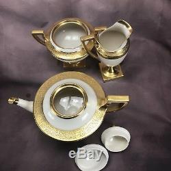 Belleek Lenox Art Nouveau Pedestal Tea Pot, Creamer, & Sugar Set Ivory & Gold