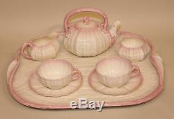 Belleek Pink Tridacna Tea Set Teapot Creamer Sugar Cups Saucers Tray Black Mark