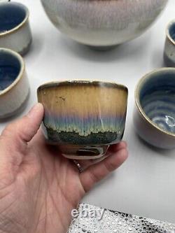 Bill Campbell Pottery Tea Set Tea Pot with Bamboo Handle & 5 Teacups SIGNED
