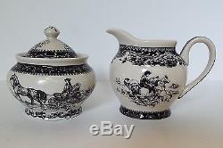 Black Transferware TEA SET Colonial Virginia Toile Pattern Pot Tray Cups