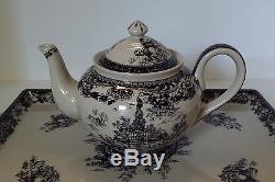 Black Transferware TEA SET Colonial Virginia Toile Pattern Pot Tray Cups