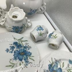 Blue Aster China Flower Tea Set Pot Salt Pepper Sugar Creamer Cups 14 pc. Inarco