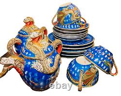 Blue Dragonware Moriage 18pc set 4 cups+ tea pot & sugar bawl, 6+6 plates