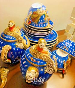 Blue Dragonware Moriage 18pc set 4 cups+ tea pot & sugar bawl, 6+6 plates
