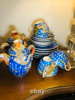 Blue Dragonware Moriage 18pc set 4 cups+ tea pot & sugar bawl, 6+6 plates