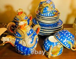 Blue Dragonware Moriage 18pc set 4 cups+ tea pot & sugar bawl, 6+6 plates