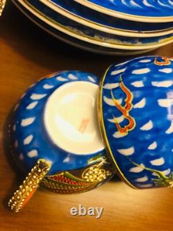 Blue Dragonware Moriage 18pc set 4 cups+ tea pot & sugar bawl, 6+6 plates