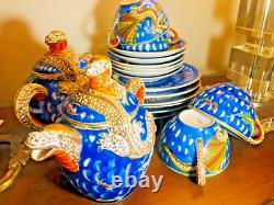 Blue Dragonware Moriage 18pc set 4 cups+ tea pot & sugar bawl, 6+6 plates