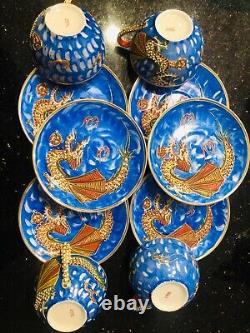Blue Dragonware Moriage 18pc set 4 cups+ tea pot & sugar bawl, 6+6 plates