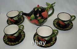 Blue Sky Clayworks Hibiscus & Hummingbird Ceramic Teapot & 4 Cups & Saucers Rare