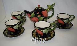 Blue Sky Clayworks Hibiscus & Hummingbird Ceramic Teapot & 4 Cups & Saucers Rare