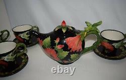 Blue Sky Clayworks Hibiscus & Hummingbird Ceramic Teapot & 4 Cups & Saucers Rare