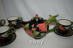 Blue Sky Clayworks Hibiscus & Hummingbird Ceramic Teapot & 4 Cups & Saucers Rare