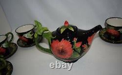 Blue Sky Clayworks Hibiscus & Hummingbird Ceramic Teapot & 4 Cups & Saucers Rare