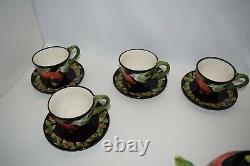 Blue Sky Clayworks Hibiscus & Hummingbird Ceramic Teapot & 4 Cups & Saucers Rare