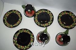 Blue Sky Clayworks Hibiscus & Hummingbird Ceramic Teapot & 4 Cups & Saucers Rare