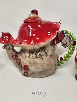 Blue Sky Clayworks Mushroom & Ladybug Teapot Sugar Bowl, Creamer & Mugs New