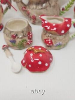 Blue Sky Clayworks Mushroom & Ladybug Teapot Sugar Bowl, Creamer & Mugs New