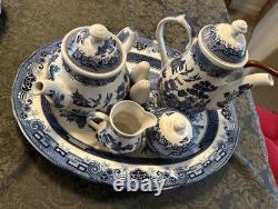 Blue Willow Churchill Coffee Pot Tea Pot Creamer Sugar Bowl Salt Pepper 18 Tray