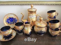 Bohemian Cobalt Blue Tea Set Pot Cup Saucer Creamer Sugar Enameled Flowers Gold