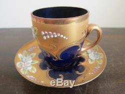 Bohemian Cobalt Blue Tea Set Pot Cup Saucer Creamer Sugar Enameled Flowers Gold
