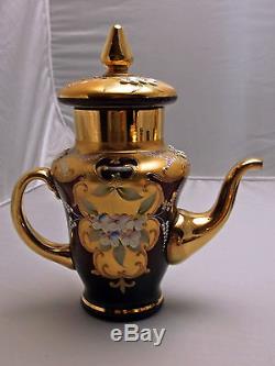 Bohemian Enamel Glass Tea Set Cranberry Teapot Sugar Creamer Tea Cups Saucers