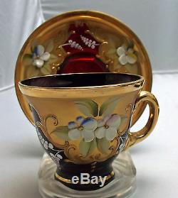 Bohemian Enamel Glass Tea Set Cranberry Teapot Sugar Creamer Tea Cups Saucers
