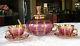 Bohemian Moser Paneled Cranberry Glass Teapot With 2 Cup & Saucer Sets Gold Filigr