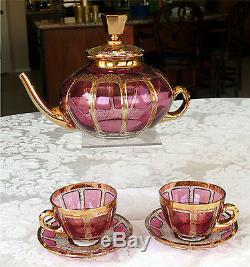 Bohemian Moser Paneled Cranberry Glass Teapot with 2 Cup & Saucer Sets Gold Filigr