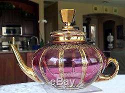 Bohemian Moser Paneled Cranberry Glass Teapot with 2 Cup & Saucer Sets Gold Filigr