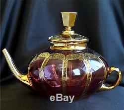 Bohemian Moser Paneled Cranberry Glass Teapot with 2 Cup & Saucer Sets Gold Filigr