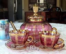 Bohemian Moser Paneled Cranberry Glass Teapot with 2 Cup & Saucer Sets Gold Filigr