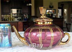 Bohemian Moser Paneled Cranberry Glass Teapot with 2 Cup & Saucer Sets Gold Filigr