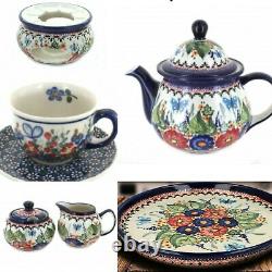 Boleslawiec Zaklady Unikat Floral Butterfly Tea Service Set For 6 Tea Pot Saucer